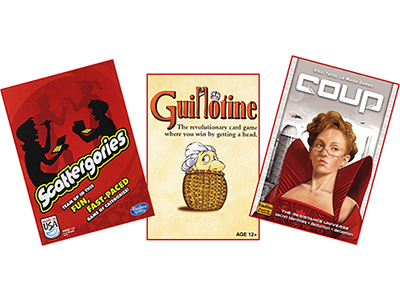 Three games including Scattergories, Guillotine, and Coup.
