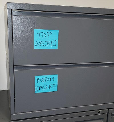 Cabinets with sticky notes.